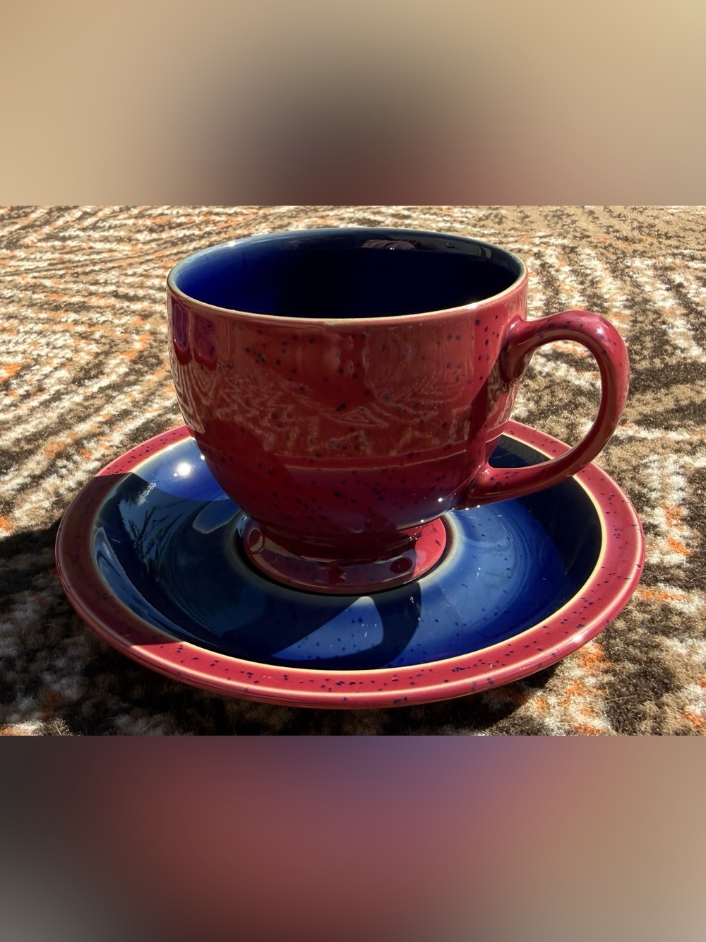 Denby Harlequin Cup Saucer Set Red Blue Speckled Stoneware England Breakfast Tea